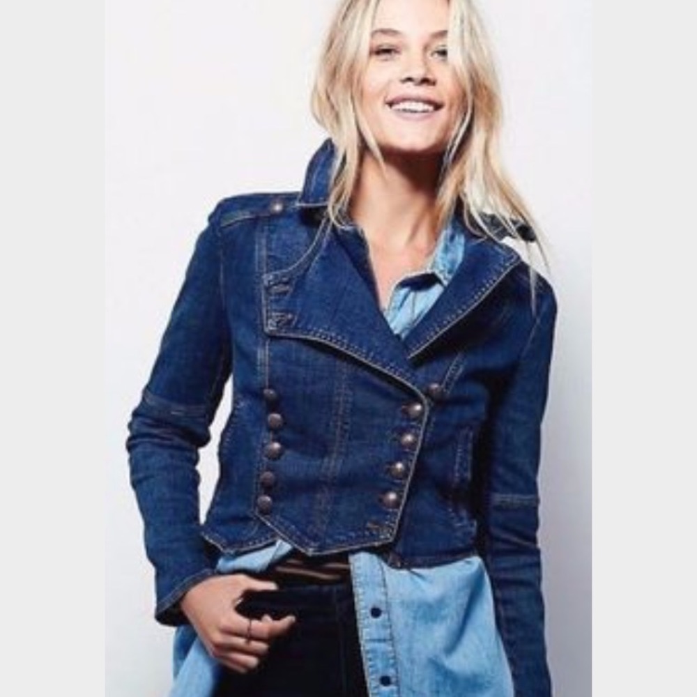 Free People Denim Band Military Jacket Sz Small